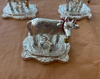Cow and Calf Idol for Pooja | Kamdhenu Gau MATA Silver Color | Figurine showpiece Divine Pooja Gift décor