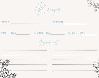 Recipe Card, Floral Recipe Card, Digital Recipe Card, Downloadable