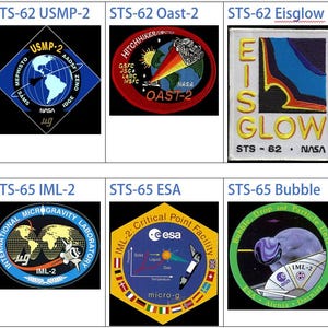 May include: A collage of ten space shuttle mission patches. Each patch features a unique design with colourful graphics and text. The patches are arranged in two rows of five. The text on the patches includes the mission name, the mission number, and the names of the astronauts who flew on the mission.