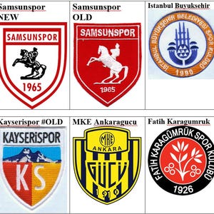 Op de afbeelding: Een collage van negen verschillende voetbalteamlogo's. De logo's zijn allemaal in de vorm van een schild en hebben verschillende kleuren en ontwerpen. De logo's bevatten de namen van de teams, zoals Alanyaspor, Samsunspor en Kayserispor.
