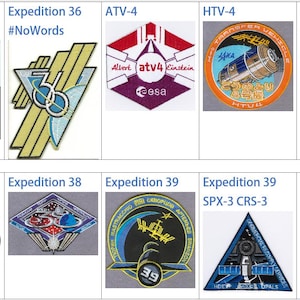 May include: A collection of eight embroidered patches featuring the logos of various space missions, including Expedition 36, ATV-4, HTV-4, and Expedition 39. The patches are all in different colours and designs, and they feature a variety of space-related imagery, such as the International Space Station, rockets, and astronauts.