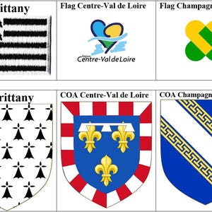 May include: A collection of flags and coats of arms representing French regions. The flags include the French tricolor and the flag of Brittany. Coats of arms include Brittany, Centre-Val de Loire, Champagne-Ardenne, and Poitou-Charentes.