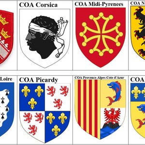 Puede incluir: Una colección de ocho escudos heráldicos, cada uno representando una región de Francia. Los escudos presentan varios diseños, incluyendo un león negro, flor de lis y una cruz. El texto "COA" precede al nombre de cada región.