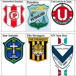May include: A collage of nine soccer team logos, each with a unique design and color scheme. The logos include Blooming, Oriente Petrolero, Independiente Petrolero, Petrolero, Universitario de Vinto, Nacional Potosi, San Antonio, The Strongest, and GV San Jose.