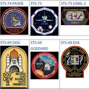 Puede incluir: Un collage de nueve parches de misión del transbordador espacial. Los parches son circulares y presentan varios diseños, incluyendo un transbordador espacial, un satélite y un planeta. Los parches son todos de diferentes colores, incluyendo rojo, azul, amarillo y blanco.