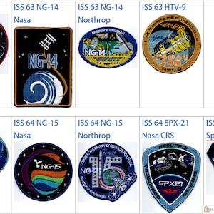May include: A collection of nine embroidered patches depicting various space missions. The patches are circular and feature colorful designs with text, including "ISS 63 NG-14", "ISS 64 NG-15", and "SpaceX CRS-21".