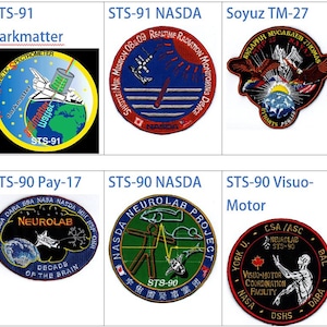 May include: A collage of nine space mission patches, including the STS-91, STS-90, Soyuz TM-27, and Pegase missions. The patches feature various designs, including a globe, a brain, and a rocket.