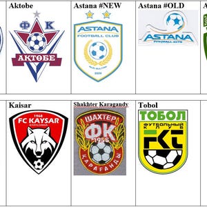 May include: A selection of football club logos from Kazakhstan. Logos include the FA, Aktobe, Astana, Atyrau, Kairat, Kaisar, Shakther Karagandy, and Tobol. Each logo features team names and often a soccer ball.
