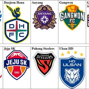 Könnte beinhalten: Eine Sammlung von Logos verschiedener koreanischer Fußballvereine, darunter Daegu FC, Daejeon Hana, Anyang, Gangwon FC, Gimcheon Sangmu, Gwangju, Jeju SK, Pohang Steelers und Ulsan HD. Jedes Logo hat ein einzigartiges Design und Farben.