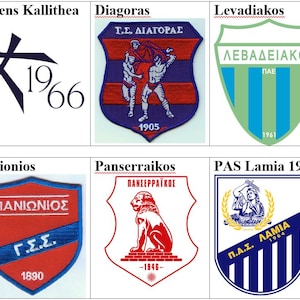 May include: A collage of nine logos for different Greek football teams. The logos are all in different colours and styles, and they feature a variety of symbols, including stars, shields, and animals. The logos are arranged in a grid pattern, and they are all set against a white background.