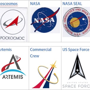 May include: A collage of space agency logos, including NASA, Roscosmos, and the US Space Force. The logos are arranged in a grid with the names of the agencies above each logo.
