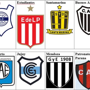 以下が含まれることがあります： 9つの異なるサッカーチームのロゴのコラージュ。ロゴはすべて盾の形をしており、さまざまな色とデザインが特徴です。ロゴは3x3のグリッドに配置されています。各ロゴの上のテキストは、チームの名前と都市を示しています。