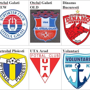 Può includere: Un collage di 10 loghi di squadre di calcio diverse. I loghi sono tutti di colori e design diversi, e presentano vari simboli, come un lupo, un'ancora di nave e un pallone da calcio. I loghi sono tutti di squadre diverse della Romania.