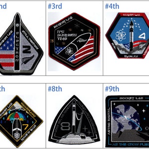 May include: Nine embroidered patches with different designs, each featuring a rocket and a number from 1 to 9. The patches are black, white, grey, red, blue, and green. The patches are labelled with the numbers 1st, 2nd, 3rd, 4th, 5th, 6th, 7th, 8th, and 9th.