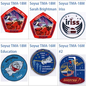 May include: A collection of eight colorful embroidered patches, each featuring a different design. The patches are all circular or hexagonal in shape and feature various images, including a rocket, a spacecraft, a planet, and a person in a spacesuit. The patches are all labeled with the text "Soyuz TMA-18M" or "Soyuz TMA-16M".