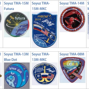 May include: Ten Soyuz space mission patches are displayed, each with distinct designs and text. The patches feature mission names such as "Soyuz TMA-15M" and "Soyuz TMA-13M". The colour palette includes blue, red, gold, and white.