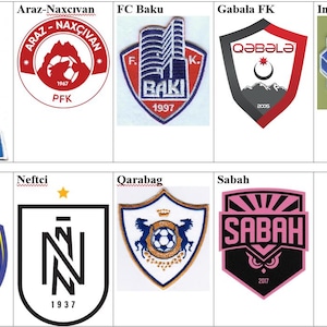 May include: A collection of embroidered patches featuring the logos of Azerbaijani football clubs. The patches are arranged in a grid with the club names listed above each patch. The clubs include: FA, Araz-Naxcivan, FC Baku, Gabala FK, Inter Baku PFC, Kapaz, Neftci, Qarabag, and Sabah.