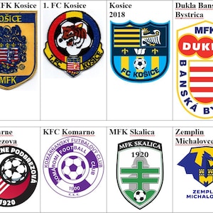 Op de afbeelding: Collectie van acht voetbalteamlogo's. Logo's hebben verschillende ontwerpen, waaronder schilden en cirkels, met tekst en afbeeldingen zoals een tijger en een voetbal. Kleuren zijn onder meer blauw, rood, geel en groen.