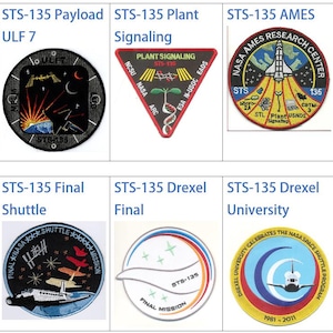 May include: A collection of nine embroidered patches, each featuring a different design related to the Space Shuttle programme. The patches are all rectangular and have a white background with black outlines. The patches feature various designs, including a space shuttle, a plant, a moon, and a star. The patches are all labelled with the text "STS-135" and a specific mission name.