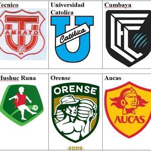 Peut inclure: Un collage de 10 logos d'équipes de football, chacun avec un design et une palette de couleurs uniques. Les logos incluent El Nacional, Tecnico, Universidad Catolica, Cumbaya, Imbabura, Libertad, Mushuc Runa, Orense et Aucas.
