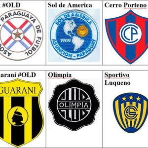 Può includere: Una collezione di otto toppe sportive ricamate con vari loghi di club e associazioni calcistiche paraguaiane, tra cui APF, Sol de America, Cerro Porteno, Nacional, Guarani, Olimpia e Sportivo Luqueno, disposte in un formato a griglia.