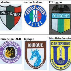 May include: A collage of nine embroidered patches featuring the logos of different Chilean soccer teams. The patches are arranged in a 3x3 grid. The top row features the logos of the Chilean Football Federation, Palestino, Audax Italiano, O'Higgins, and Cobresal. The middle row features the logos of Concepcion NEW, Concepcion OLD, and Iquique. The bottom row features the logo of Universidad de Concepcion.