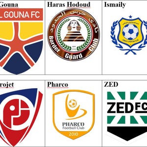 May include: A collage of logos for Egyptian football clubs. The logos are arranged in a grid of two rows and five columns. The logos are all different colors and designs, and they feature a variety of symbols, including animals, stars, and geometric shapes.