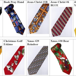 Puede incluir: Colección de corbatas con varios diseños. Incluye una corbata negra con la Virgen María y un ángel bebé, una corbata azul con manos rezando y símbolos religiosos, y una corbata amarilla con una cruz y el texto "Ha resucitado."