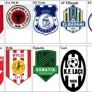 Könnte beinhalten: Eine Collage aus neun verschiedenen Fußball-Teamlogos. Die Logos sind alle in verschiedenen Farben und Designs gehalten und zeigen die Namen der Teams, wie "Partizani Tirana" und "KF Teuta".
