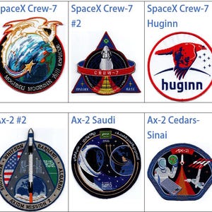 May include: A collage of ten different space mission patches. The patches are circular, triangular, and oval shaped. The patches feature a variety of colors, including red, blue, white, black, and yellow. The patches feature a variety of designs, including stars, planets, rockets, and astronauts. The patches are labeled with the names of the missions, including Soyuz MS-24, SpaceX Crew-7, Ax-2, and Ax-2 #2.