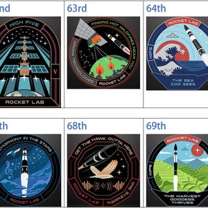 May include: A collection of nine circular Rocket Lab patches. Each patch features a rocket design with various themes, including lightning, a high-five, a globe, and mountain scenery. The patches have text such as "Rocket Lab" and other phrases.