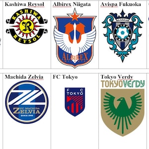 May include: A grid of logos representing Japanese professional football teams, such as Jubilo Iwata, Kashiwa Reysol, Albirex Niigata, Avispa Fukuoka, Cerezo Osaka, Fagiano Okayama, Machida Zelvia, FC Tokyo, and Tokyo Verdy. Each logo has a distinct design.