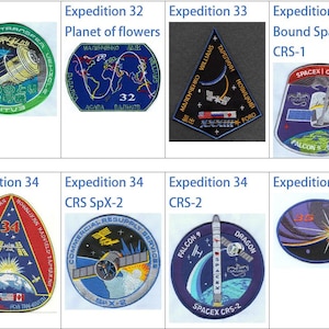 Puede incluir: Una colección de ocho parches bordados, cada uno representando una misión espacial diferente. Los parches presentan varios diseños, incluyendo una lanzadera espacial, un planeta y un cohete. Los parches son todos de diferentes colores y tienen texto en ellos.