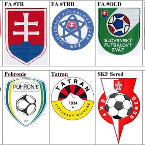 May include: A collection of soccer team logos, including the Slovakian national team emblem and various club crests. The logos feature diverse designs, colors, and text, representing different teams and organizations.