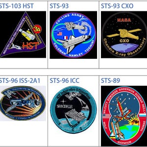May include: A collage of nine NASA space shuttle mission patches. Each patch features a different mission name, crew members, and a unique design. The patches are arranged in a grid of three rows and three columns.