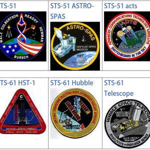 May include: A collage of nine NASA mission patches, each featuring a different space mission. The patches are circular, triangular, and rectangular in shape and feature various colors, including red, white, blue, black, and yellow. The patches depict space shuttles, satellites, and astronauts.