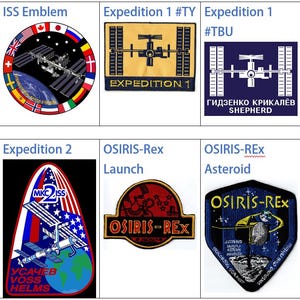 May include: A collage of nine embroidered patches featuring space exploration themes. The patches depict the International Space Station, the OSIRIS-Rex mission, and various expeditions. The patches are colorful and detailed, with a variety of designs and text.
