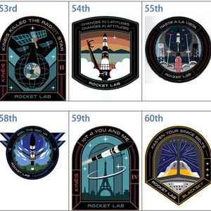 May include: Ten Rocket Lab mission patches are displayed, each with a distinct design. The patches feature rockets, space-related imagery, and text. They vary in shape and colour, including black, blue, and orange. Measurements are not applicable.