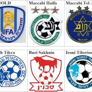 Peut inclure: Une collection de logos de clubs de football israéliens, dont FA #NEW, FA #OLD, Maccabi Haifa, Maccabi Tel Aviv et Bnei Reineh. Chaque logo présente des noms d'équipes et des symboles, tels que des étoiles et des ballons de football, en plusieurs couleurs.
