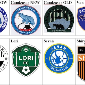 May include: Logos of different Armenian football clubs, including Gandzasar, West Armenia, Lori, Sevan, and Shirak SC. The logos feature various colors, designs, and symbols, such as bears, fish, and crosses.