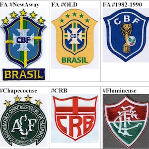 Op de afbeelding: Een collage van negen geborduurde patches met verschillende voetbalteams, waaronder het Braziliaanse nationale team, Gremio en Chapecoense. De patches zijn gerangschikt in een raster met de teamnamen en logo's duidelijk zichtbaar.