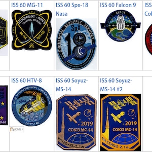 May include: A collage of nine embroidered patches, each representing a different mission to the International Space Station (ISS). The patches feature various designs, including spacecraft, planets, and stars. The text on the patches includes the mission number, the name of the spacecraft, and the name of the organization or school that sponsored the mission.