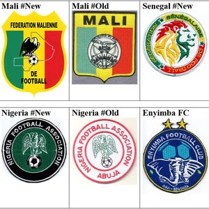 Peut inclure: Collection de patchs brodés représentant des logos d'associations et de clubs de football africains. Les motifs incluent la Ghana Football Association, la Fédération Malienne, la Nigeria Football Association et Enyimba FC.