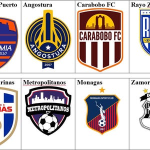 Pode incluir: Logotipos de dez equipes de futebol venezuelanas. Os logotipos estão dispostos em uma grade de duas linhas e cinco colunas. Os logotipos são todos de cores e designs diferentes. Alguns dos logotipos incluem o nome da equipe, enquanto outros incluem o mascote da equipe ou um símbolo que representa a equipe.