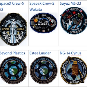 Puede incluir: Un collage de diez parches bordados, cada uno con un diseño diferente. Los parches están dispuestos en dos filas de cinco. La fila superior presenta parches de las misiones SpaceX Crew-5, Soyuz MS-22 y Soyuz MS-22 #2. La fila inferior presenta parches de las misiones Film Estee, Beyond Plastics, Estee Lauder, NG-14 Cygnus y PCA Skin.