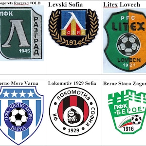 May include: A collage of nine embroidered patches featuring logos of Bulgarian football clubs. The patches are arranged in a 3x3 grid. The top row features Ludogorets Razgrad, Levski Sofia, Litex Lovech, and Lovech. The middle row features Lokomotiv Plovdiv, Cherno More Varna, Lokomotiv 1929 Sofia, and Beroe Stara Zagora. The bottom row features a single patch with the letter 'L' in a circle.