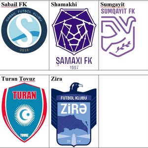 May include: Logos of six Azerbaijani football clubs: Sabail FK, Shamakhi, Sumgayit, Turan Tovuz, Zira, and Sabah FK. The logos are colorful and feature various symbols, including a wave, a lion, a dove, a crescent moon, a raven, and a lighthouse.