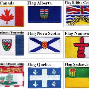Könnte beinhalten: Eine Sammlung von aufgestickten Aufnähern mit den Flaggen Kanadas und verschiedener kanadischer Provinzen und Territorien. Die Flaggen umfassen die kanadische Flagge, Alberta, British Columbia, Nordwest-Territorien, Nova Scotia, Nunavut, Prince Edward Island, Quebec und Saskatchewan.