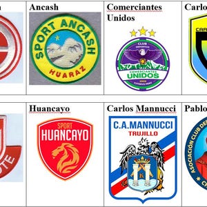 May include: A collage of eight embroidered patches featuring logos of different Peruvian soccer teams. The patches are arranged in two rows of four. The top row features Juan Aurich, Ancash, Comerciantes Unidos, and Carlos Stein. The bottom row features Jose Galvez, Huancayo, Carlos Mannucci, and Pablo College.
