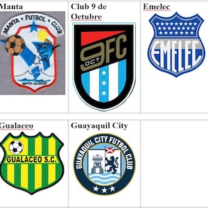 May include: Logos of five Ecuadorian soccer teams: Manta Futbol Club, Club 9 de Octubre, Emelec, Gualaceo, and Guayaquil City Futbol Club. The logos are all in a shield or circle shape and feature various colors and designs.